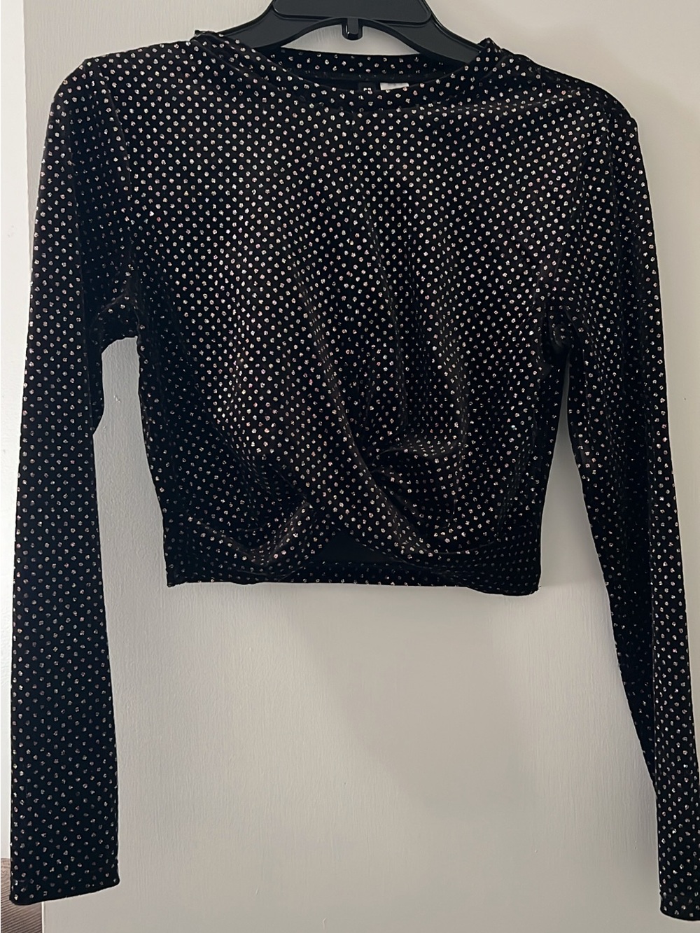 Forever 21 Black Velvet Long-Sleeve Crop Top with Silver Dot Print